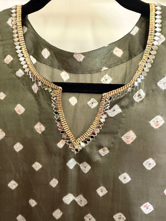 Sage Green Bandhini Kurti With Mirror Lace, Ajrak and Bandhini Dupatta