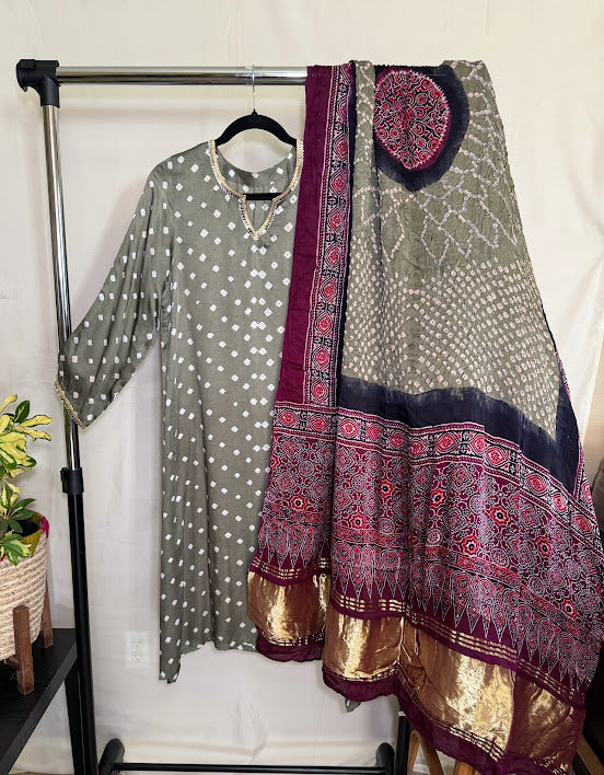 Sage Green Bandhini Kurti With Mirror Lace, Ajrak and Bandhini Dupatta