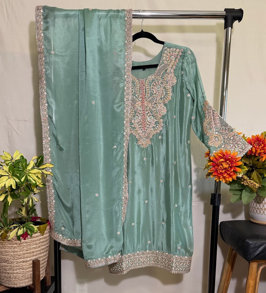 Mint Green Embroidered Chinon Silk Set With Dupatta – Flare Palazzo