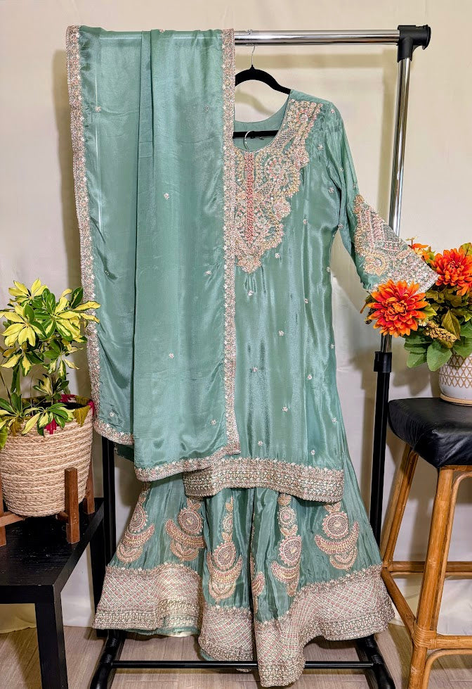 Mint Green Embroidered Chinon Silk Set With Dupatta – Flare Palazzo