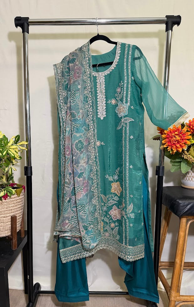 Emerald Green Organza Silk Appliqué, Thread And Stone Embroidery Set With Dupatta – Salwar