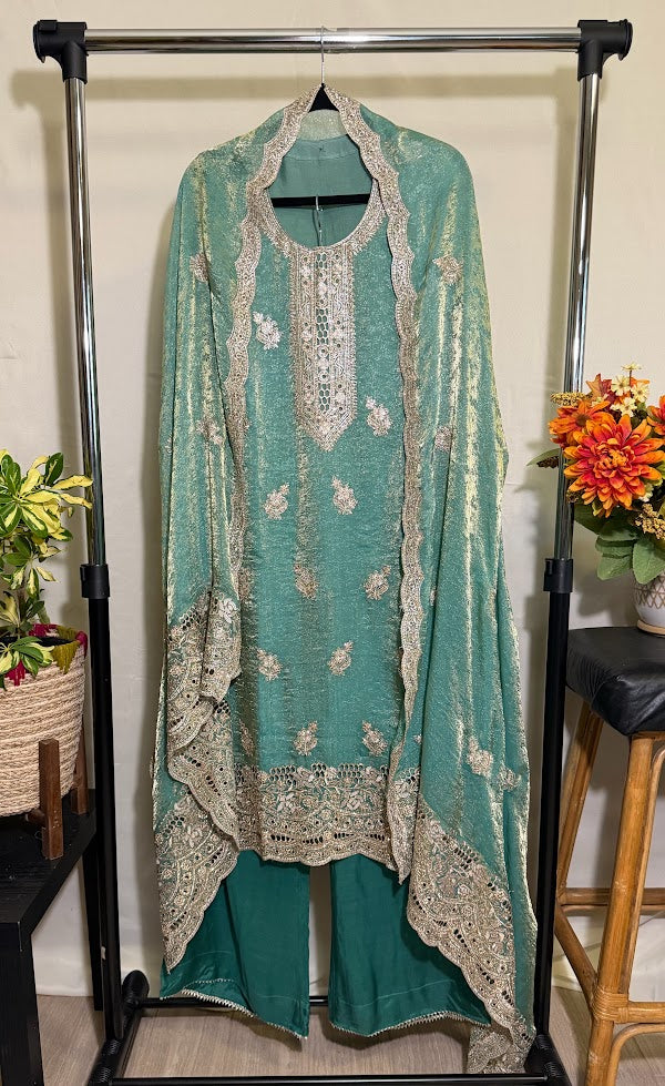 Teal Green Jacquard Soft Tissue Embroidered Set with Dupatta - Straight Palazzo