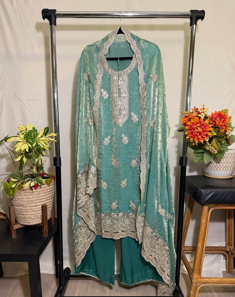 Teal Green Jacquard Soft Tissue Embroidered Set with Dupatta - Straight Palazzo