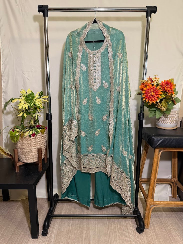Teal Green Jacquard Soft Tissue Embroidered Set with Dupatta - Straight Palazzo