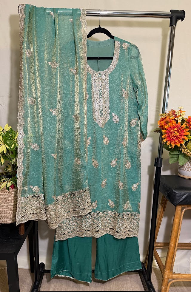 Teal Green Jacquard Soft Tissue Embroidered Set with Dupatta - Straight Palazzo