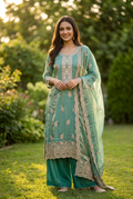 Teal Green Jacquard Soft Tissue Embroidered Set with Dupatta - Straight Palazzo