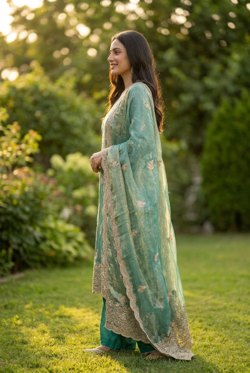 Teal Green Jacquard Soft Tissue Embroidered Set with Dupatta - Straight Palazzo