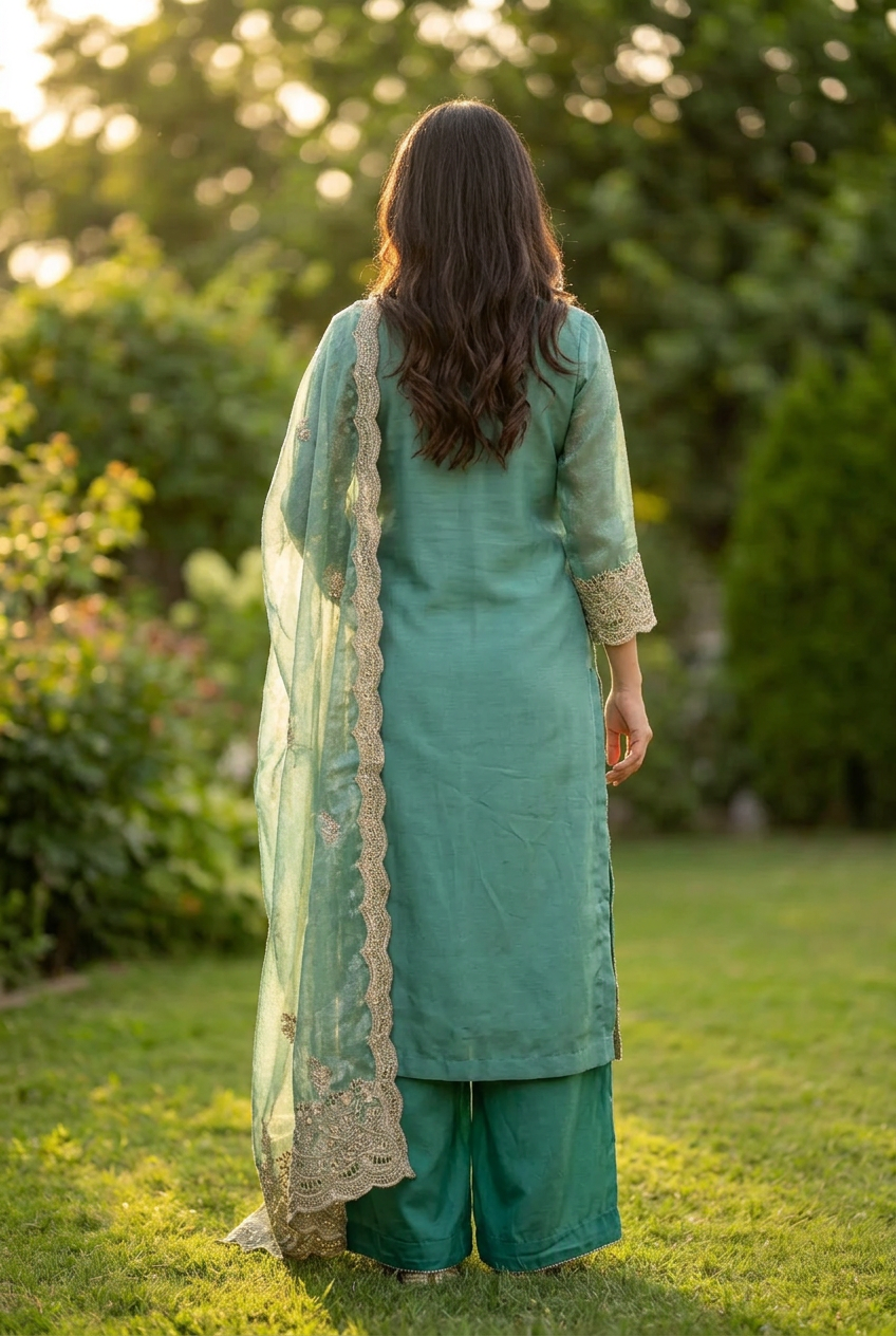 Teal Green Jacquard Soft Tissue Embroidered Set with Dupatta - Straight Palazzo