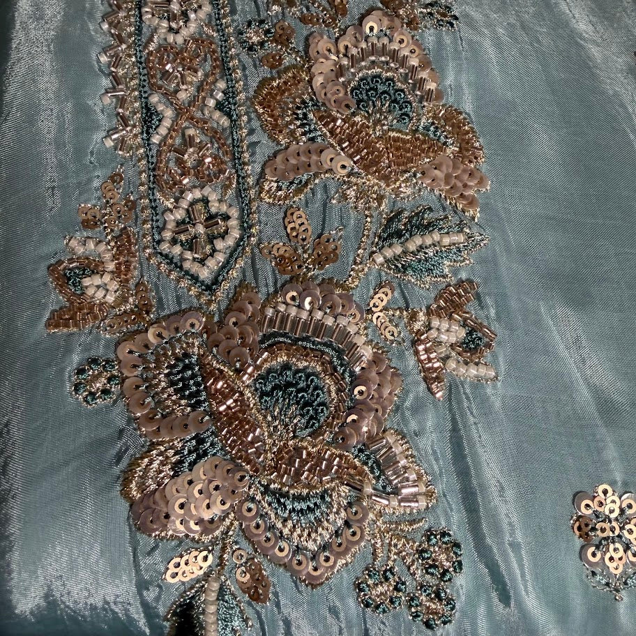 Grey Blue Crepe Embroidered Set With Dupatta – Wide-Legged Palazzo