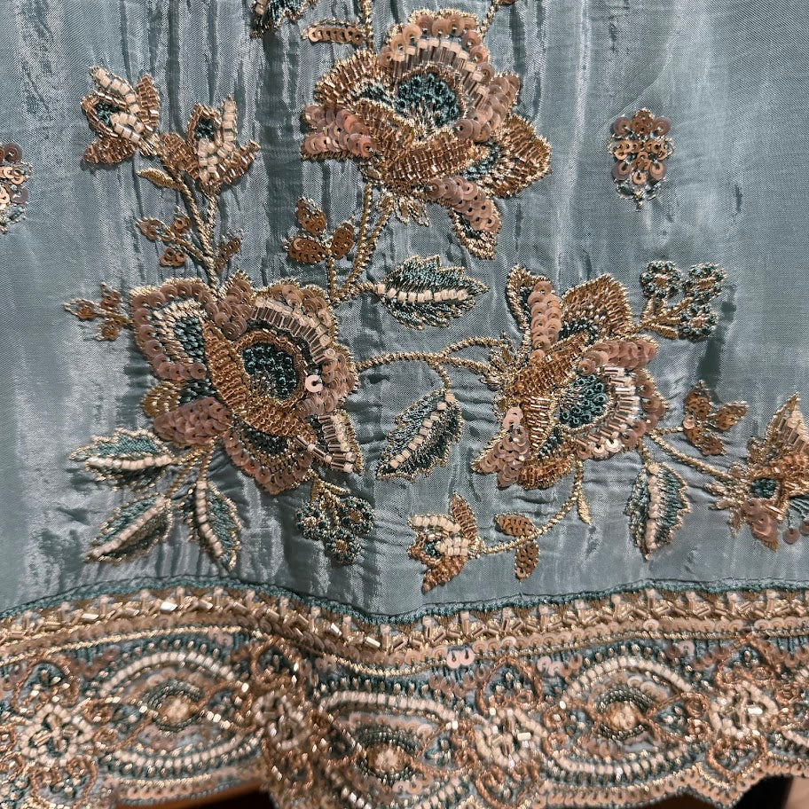 Grey Blue Crepe Embroidered Set With Dupatta – Wide-Legged Palazzo