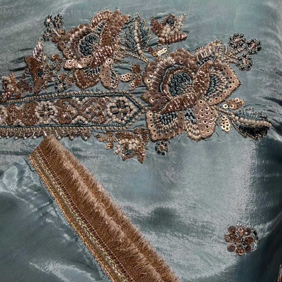 Grey Blue Crepe Embroidered Set With Dupatta – Wide-Legged Palazzo