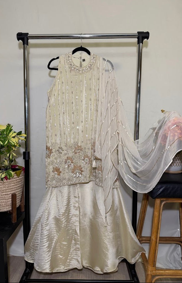 Off-White Embroidered Organza Tissue Set With Dupatta – Wide leg Palazzo