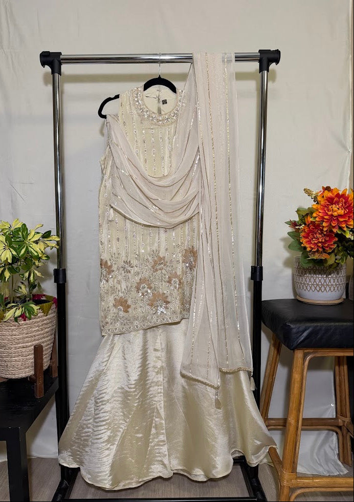Off-White Embroidered Organza Tissue Set With Dupatta – Wide leg Palazzo
