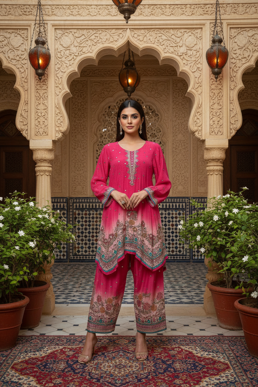 Rani Pink Crepe Silk Joga Style Co-ord Set With Farsi Salwar