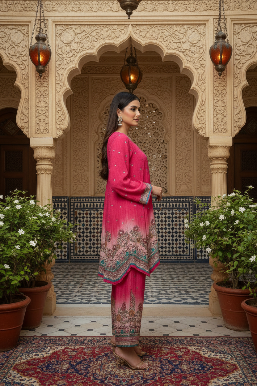 Rani Pink Crepe Silk Joga Style Co-ord Set With Farsi Salwar