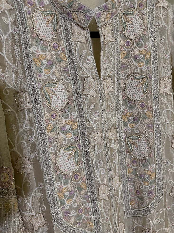 Beige Crepe Embroidered Co-Ord Set With Dupatta -Straight Palazzo