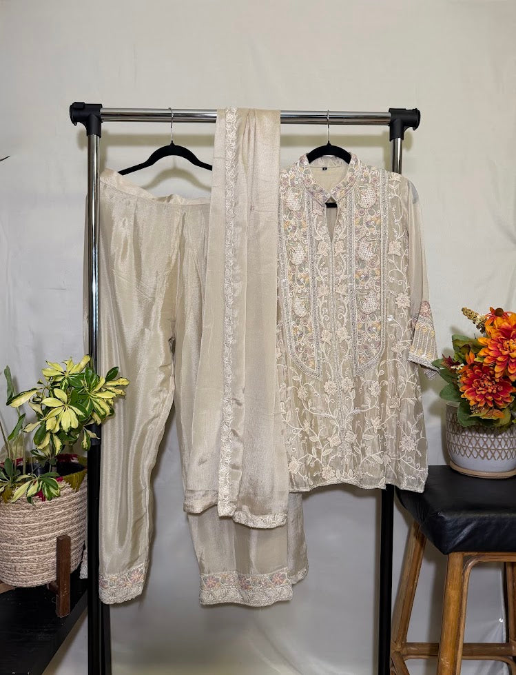 Beige Crepe Embroidered Co-Ord Set With Dupatta -Straight Palazzo