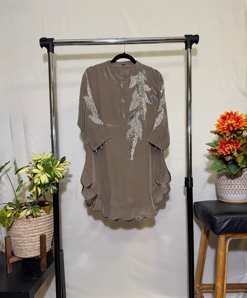 Chikoo Brown Crepe Silk Co-Ord Set With Pipe Work Embroidery – Flare Palazzo