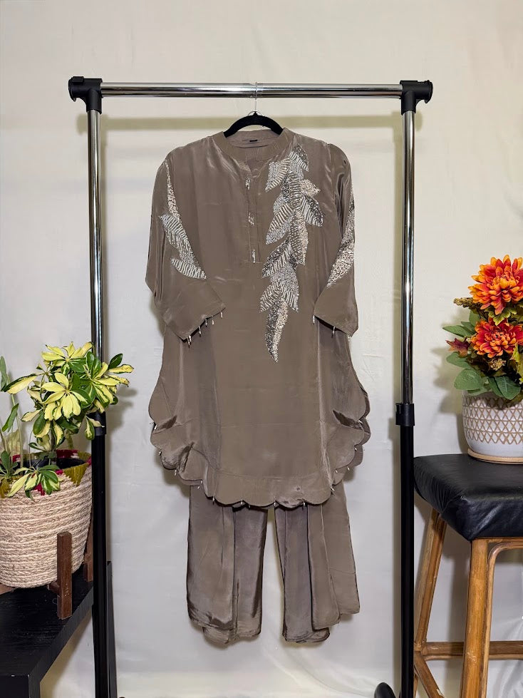 Chikoo Brown Crepe Silk Co-Ord Set With Pipe Work Embroidery – Flare Palazzo
