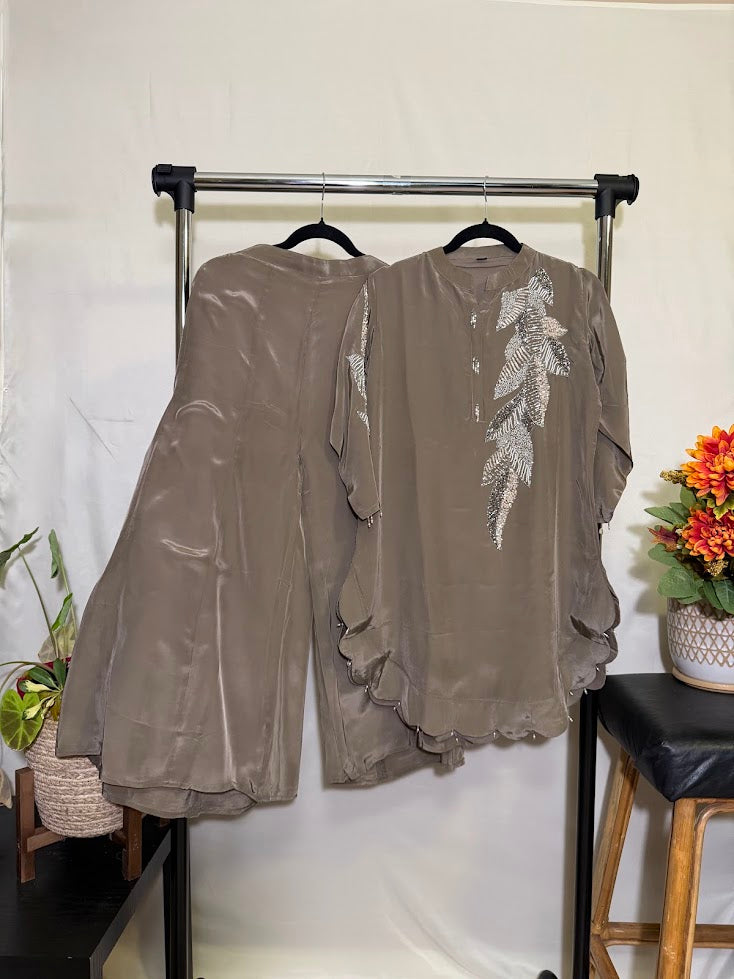 Chikoo Brown Crepe Silk Co-Ord Set With Pipe Work Embroidery – Flare Palazzo