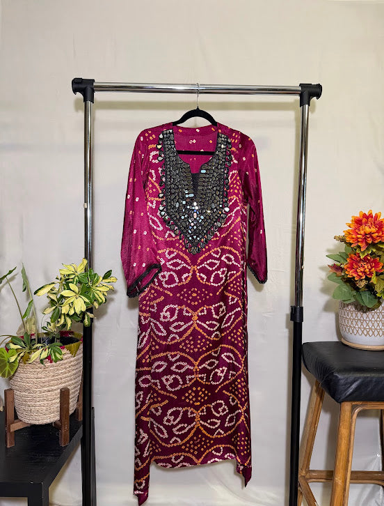 Magenta Bandhini Modal Silk Kurti With Mirror Work