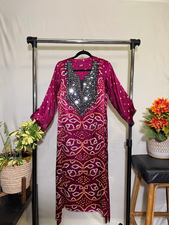 Magenta Bandhini Modal Silk Kurti With Mirror Work