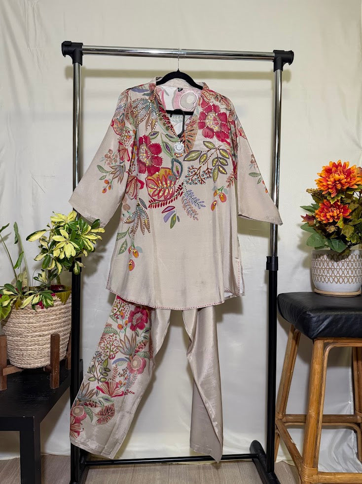 Beige Multicolour Floral Linen Blend Co-Ord Set – Straight Palazzo