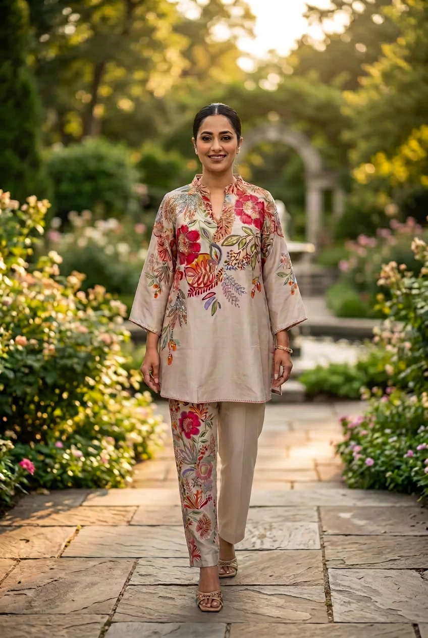 Beige Multicolour Floral Linen Blend Co-Ord Set – Straight Palazzo