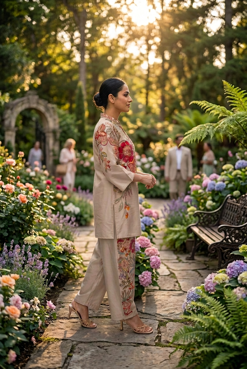 Beige Multicolour Floral Linen Blend Co-Ord Set – Straight Palazzo