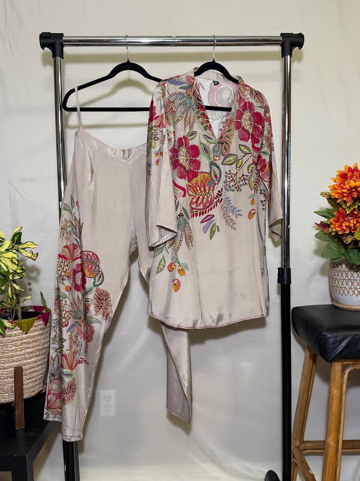 Beige Multicolour Floral Linen Blend Co-Ord Set – Straight Palazzo