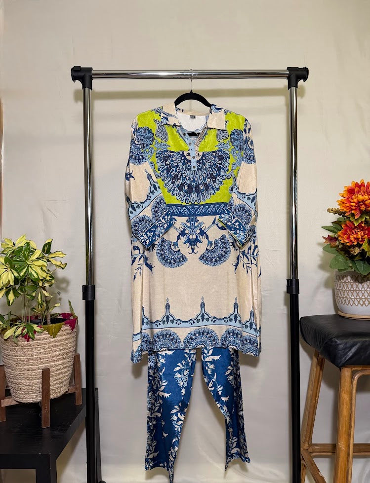 Cream & Blue Floral Modal Silk Co-Ord Set – Straight Palazzo