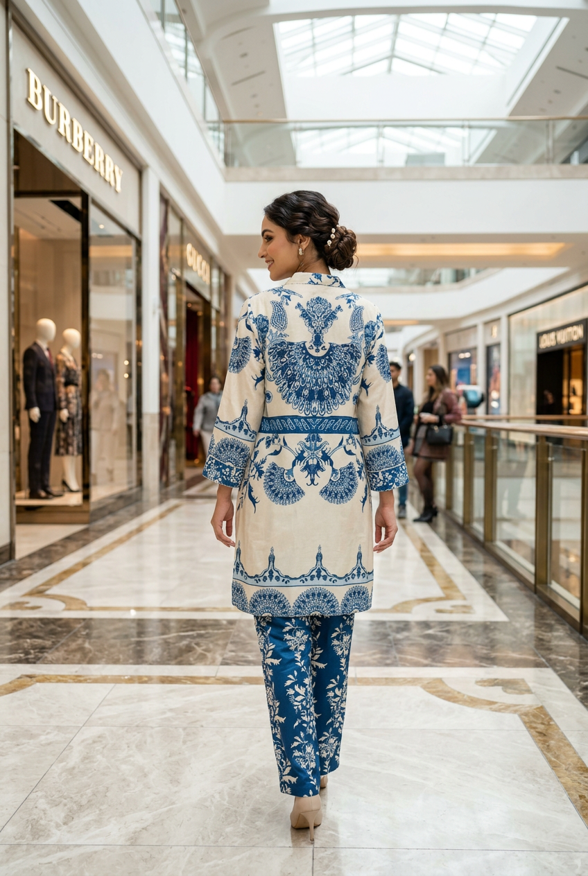Cream & Blue Floral Modal Silk Co-Ord Set – Straight Palazzo