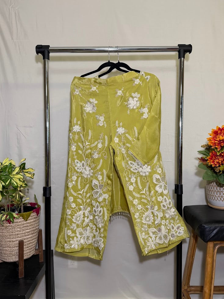 Sage Green Organza Silk Co-Ord Set With Sequin & Bead Embroidery – Wide-Leg Palazzo