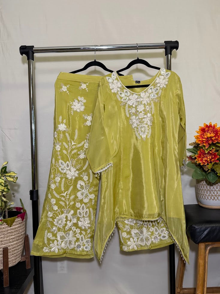 Sage Green Organza Silk Co-Ord Set With Sequin & Bead Embroidery – Wide-Leg Palazzo