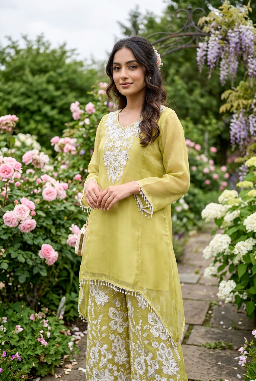 Sage Green Organza Silk Co-Ord Set With Sequin & Bead Embroidery – Wide-Leg Palazzo