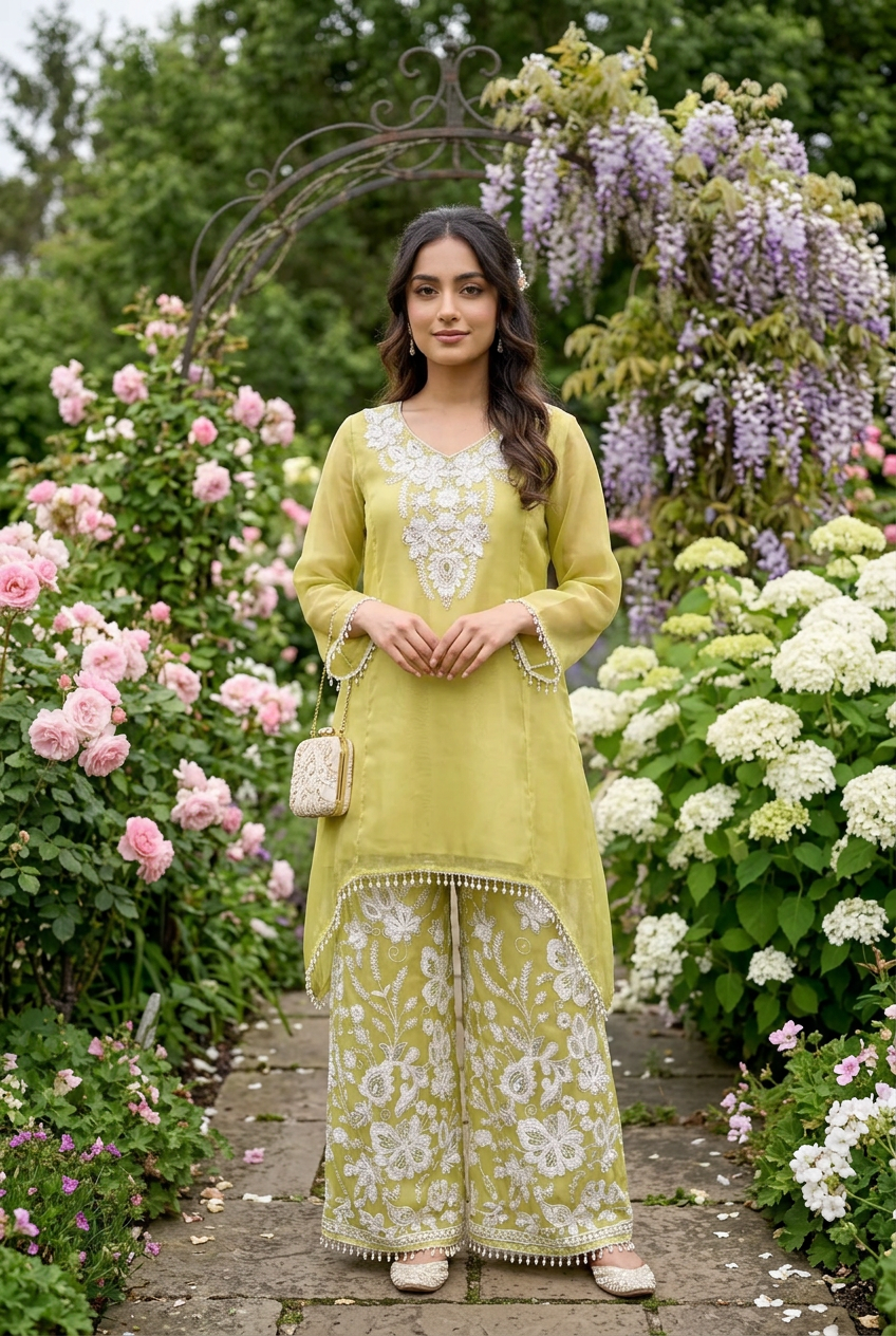 Sage Green Organza Silk Co-Ord Set With Sequin & Bead Embroidery – Wide-Leg Palazzo