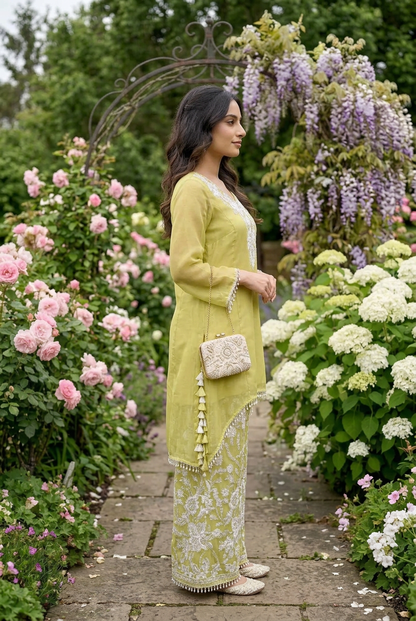Sage Green Organza Silk Co-Ord Set With Sequin & Bead Embroidery – Wide-Leg Palazzo