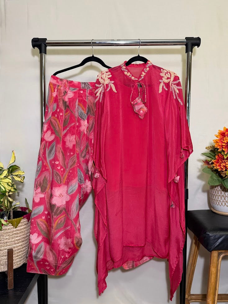Rose Pink Silk Chiffon Kaftan- Farsi Salwar