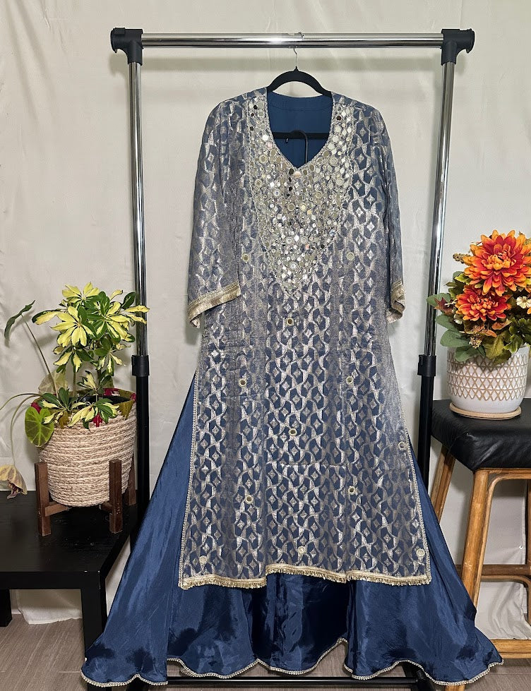 Blue Grey Jacquard Mirror Work Set With Dupatta – Flared Palazzo