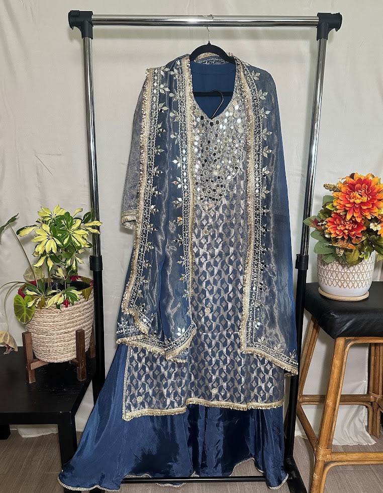 Blue Grey Jacquard Mirror Work Set With Dupatta – Flared Palazzo