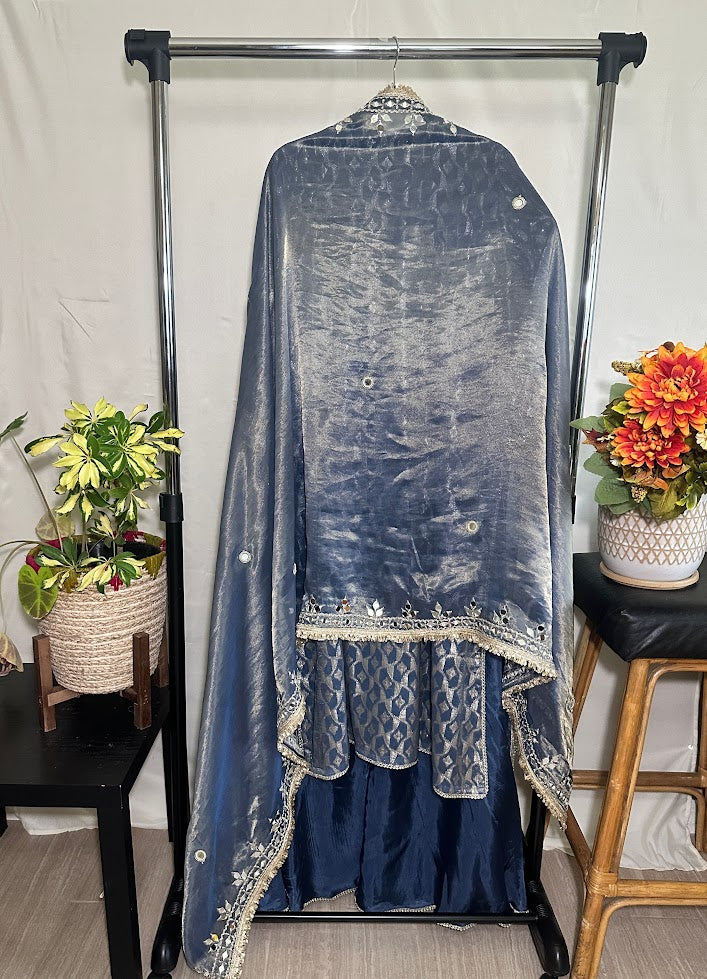 Blue Grey Jacquard Mirror Work Set With Dupatta – Flared Palazzo