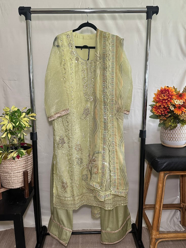Fluorescent Green Crushed Organza Embroidered Set with Dupatta – Farsi Salwar