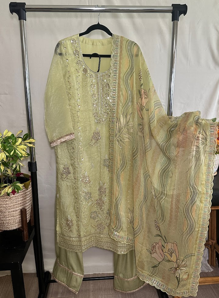 Fluorescent Green Crushed Organza Embroidered Set with Dupatta – Farsi Salwar