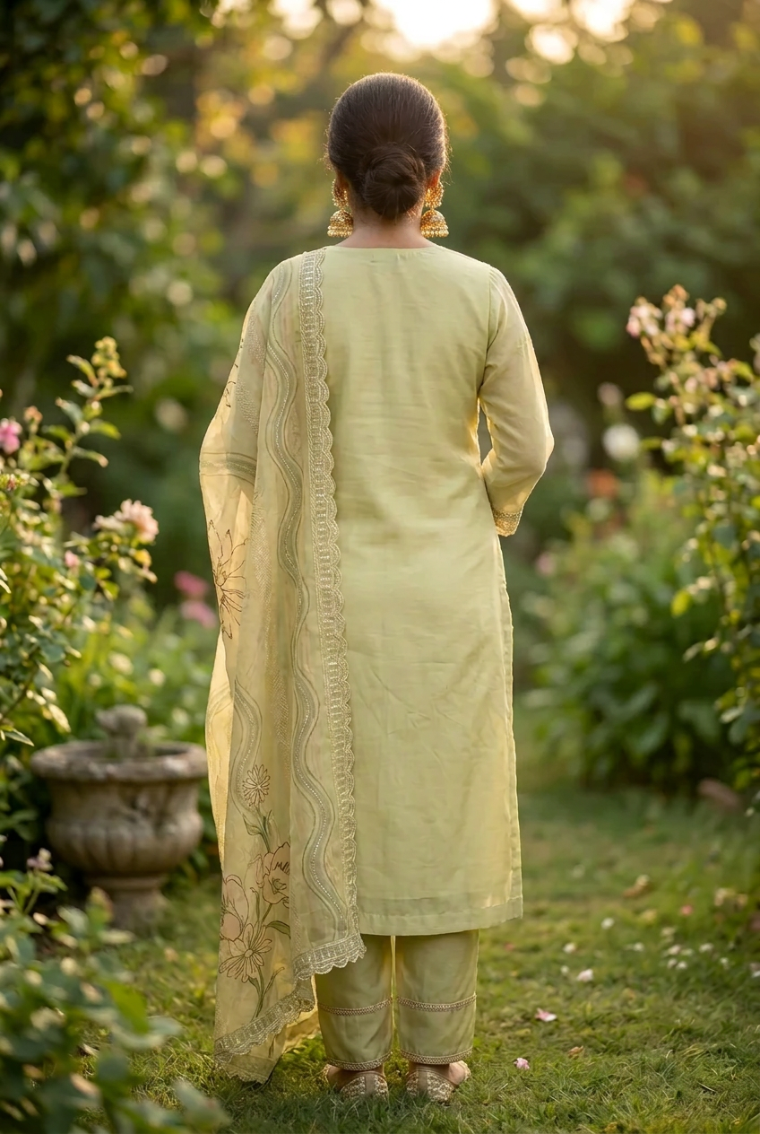 Fluorescent Green Crushed Organza Embroidered Set with Dupatta – Farsi Salwar