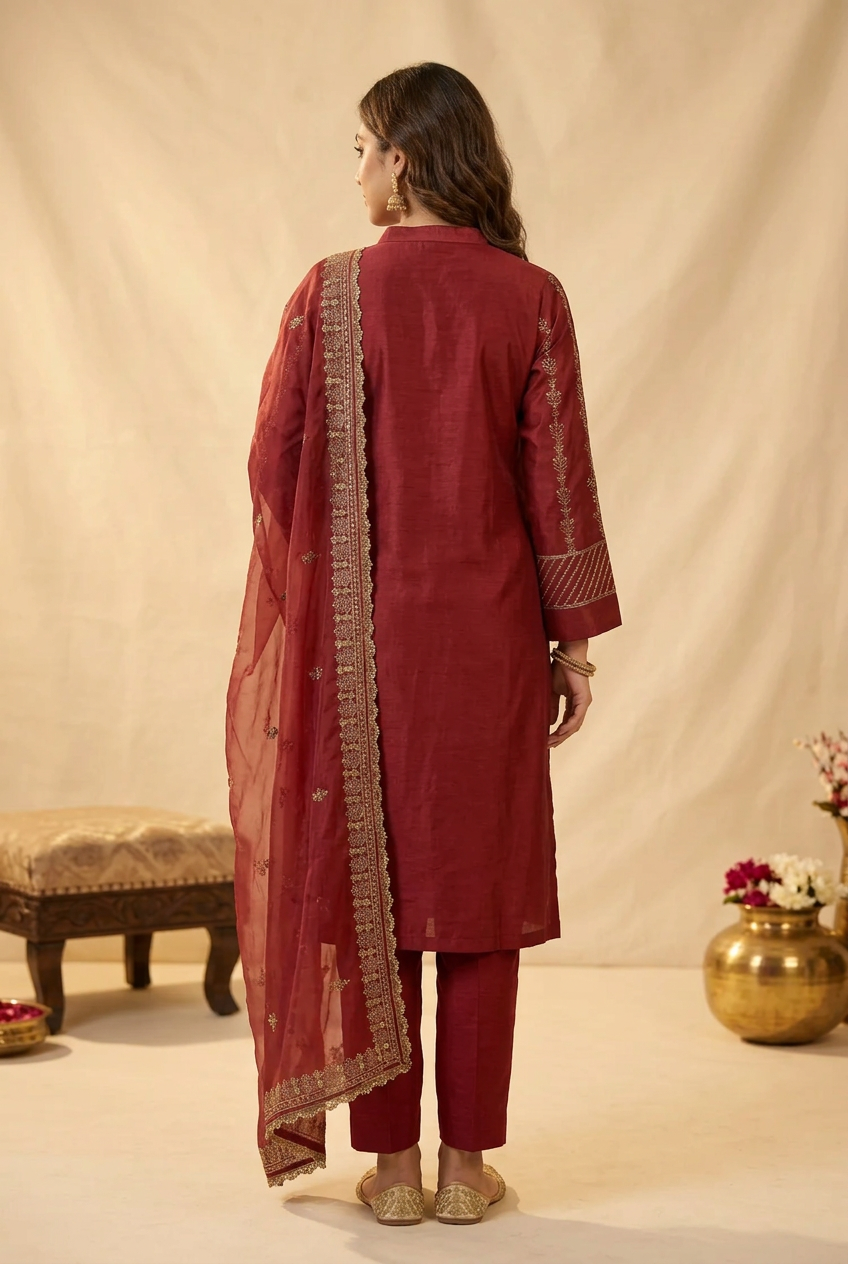 Brick Red  Zari & Mirror Work Kurti With Dupatta