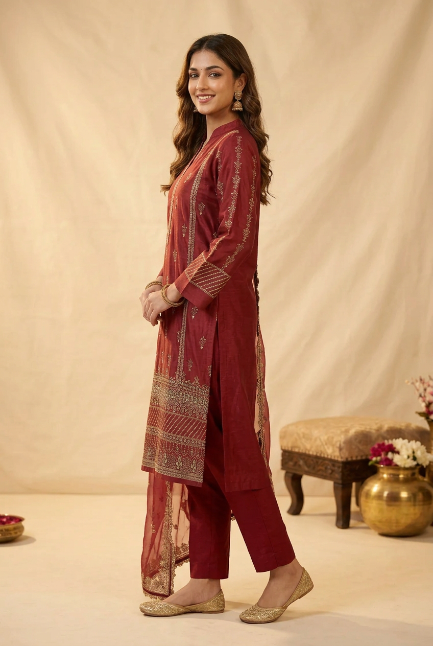 Brick Red  Zari & Mirror Work Kurti With Dupatta