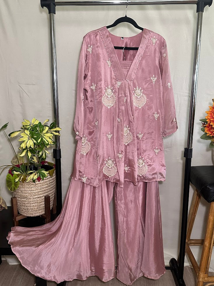 Onion Pink Kora Silk Co-Ord Set With Resham Embroidery – Flare Palazzo