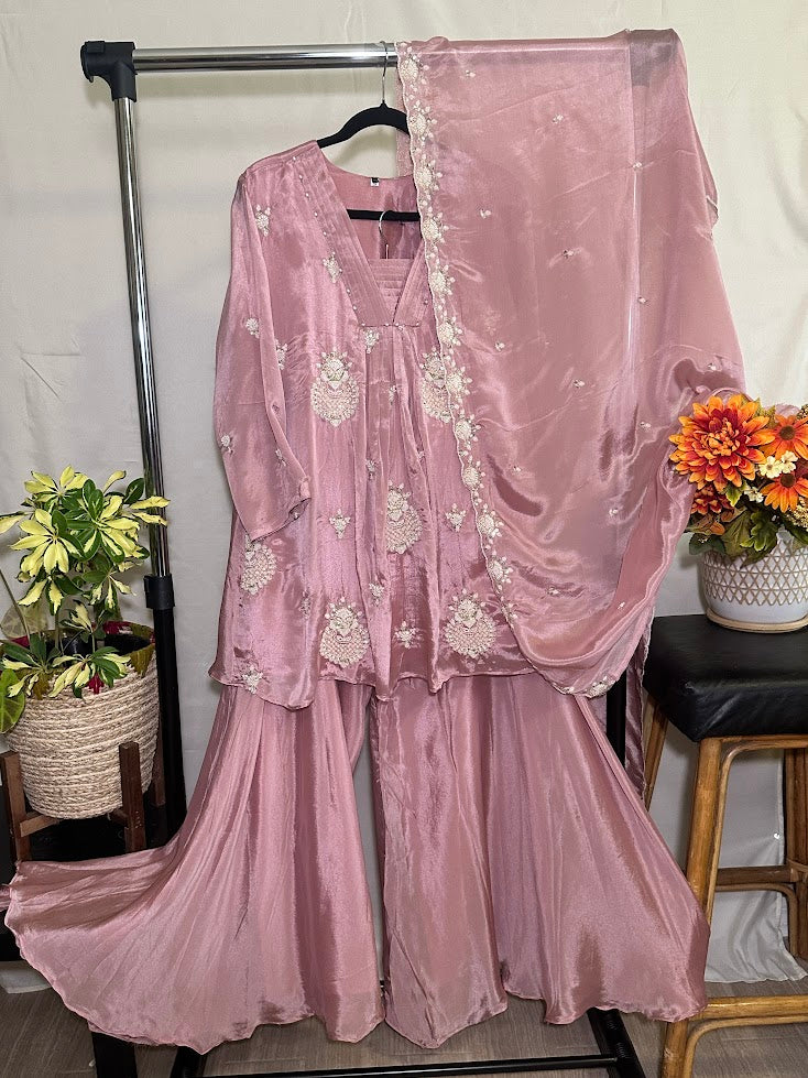 Onion Pink Kora Silk Co-Ord Set With Resham Embroidery – Flare Palazzo