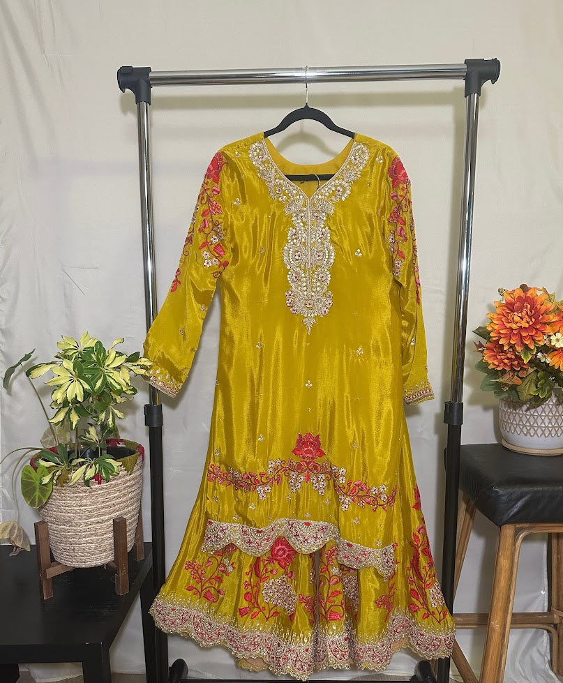 Mustard Yellow Embroidered Chinon Silk Set With Dupatta – Flare Palazzo
