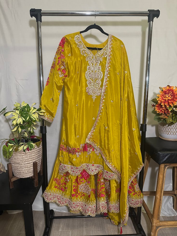 Mustard Yellow Embroidered Chinon Silk Set With Dupatta – Flare Palazzo